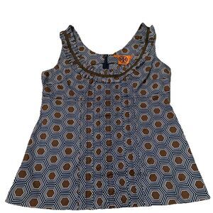 Tory Burch Geometric‎ Print Top Pockets Sleeveless Cotton Brown Navy Size 6